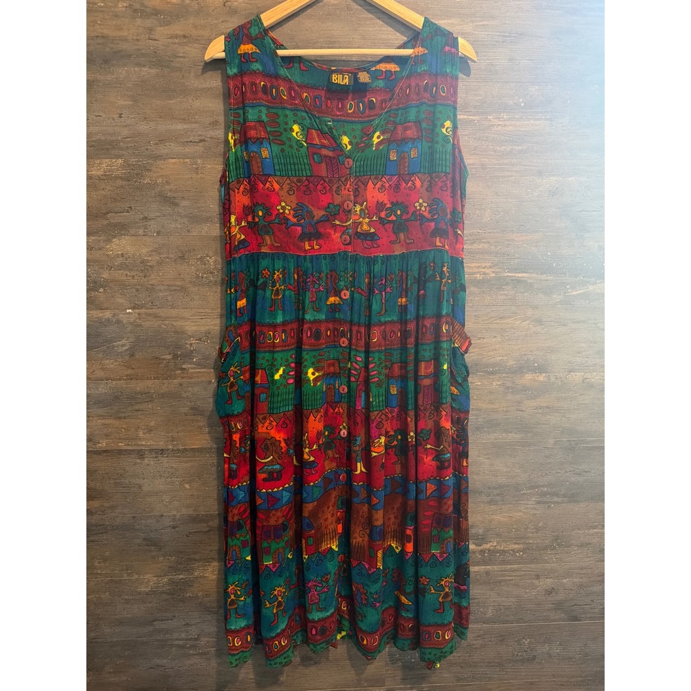 Bila Womens Medium Multi Color Novelty Print Rayon Sleeveless Midi Dress Pockets